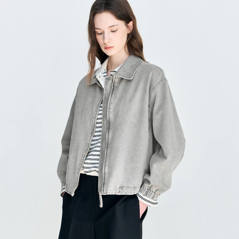 Elegant Commuter Style Light Grey Diamond Embellished Denim Jacket Flip Collar Short Outerwear for Women Spring Season