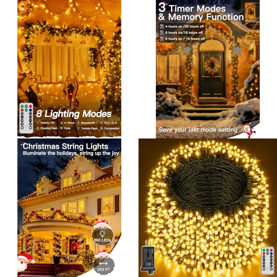 

Christmas Lights 263Feet, Christmas Tree Light with 8 Lighting Modes, Outdoor Waterproof String Lights with Remote and Timer, X