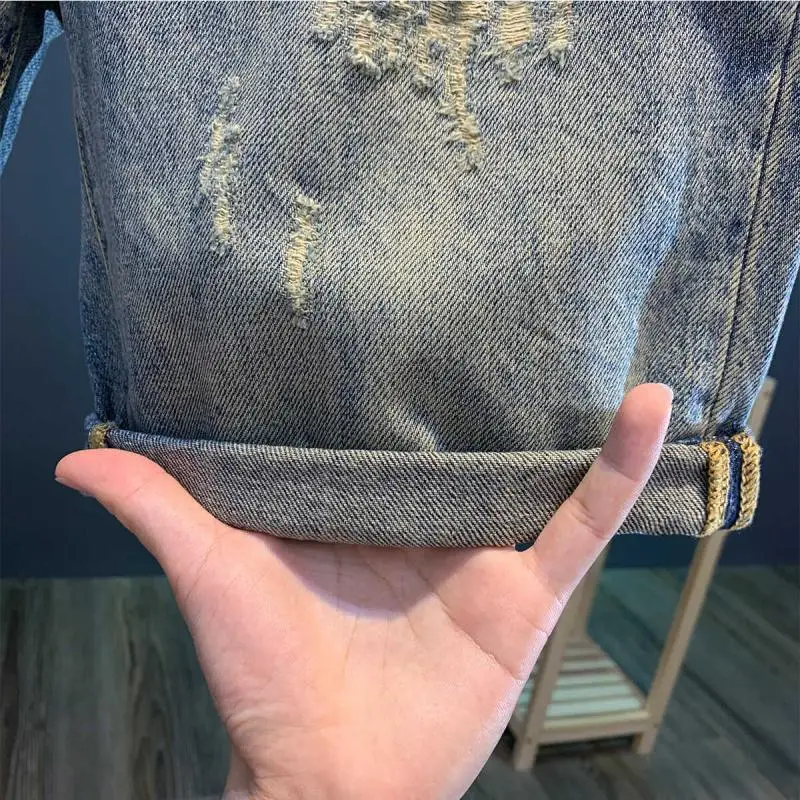 Celana Pendek Denim Robek High Street Celana Lima Titik Tipis Musim Panas Pria Merek Trendi Korea Celana Lurus Nyaman Populer