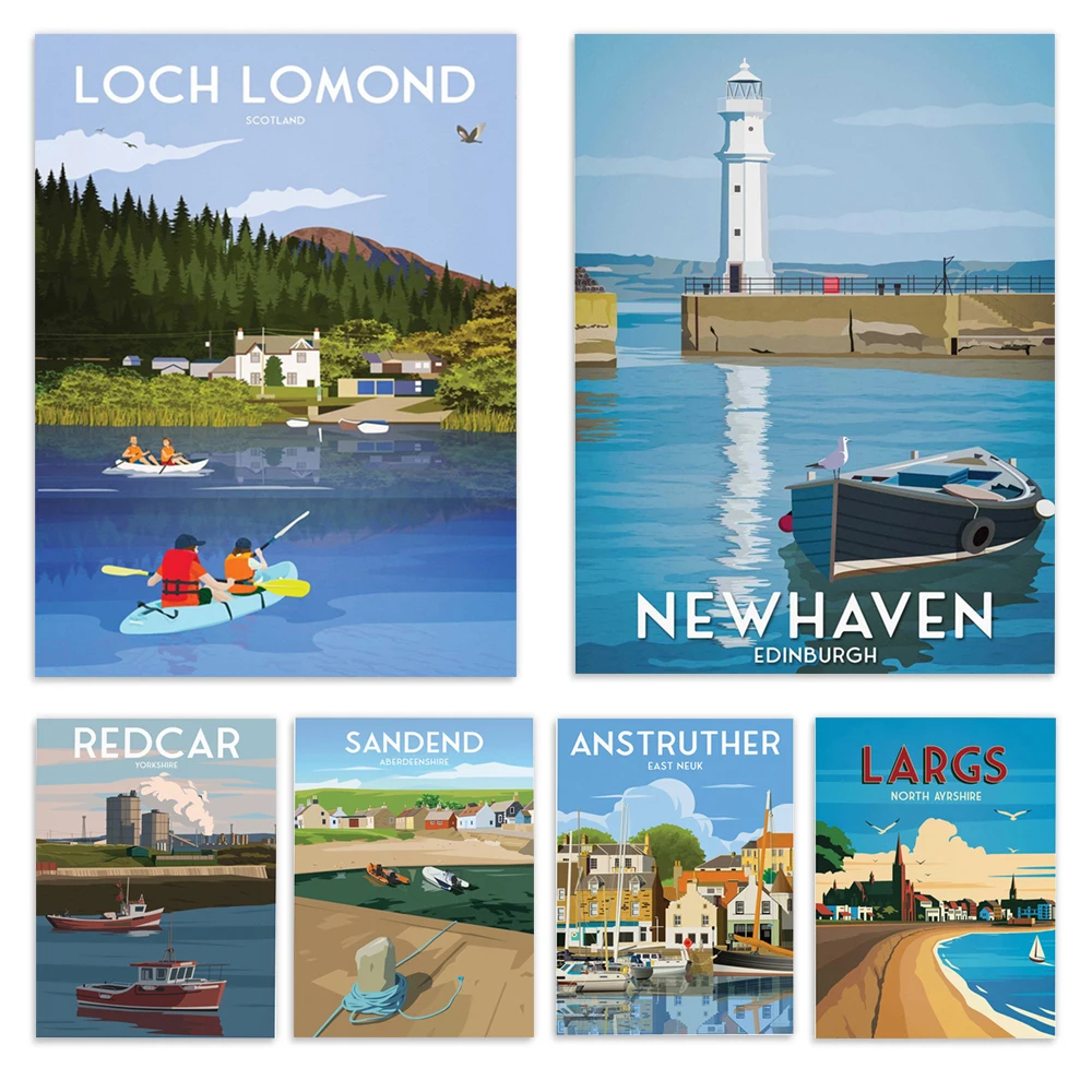 Bedford Town Bridge, Barmouth, Crieff Railway, Bristol, Aberdeenshire, Newhaven Fishing Boats and Lighthouse, Scotland Poster