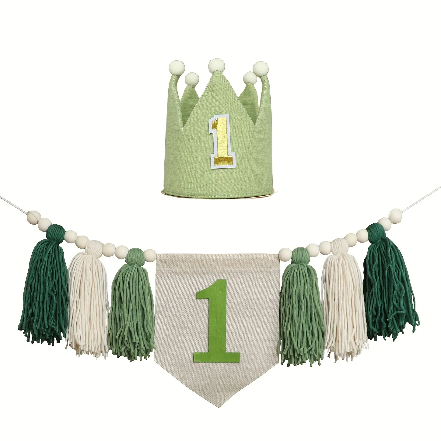 1PC First Kids Birthday Green White Highchair Garland Baby Shower Boy Dinosaur Party Woolen Tassel Pull Flag Avocado Green Hat