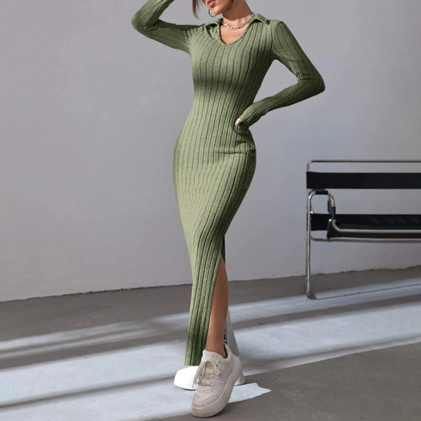 Women's Knit Midi Dress Long Sleeve Lapel Collar Solid Color Bodycon Long Dress Going Out Dress