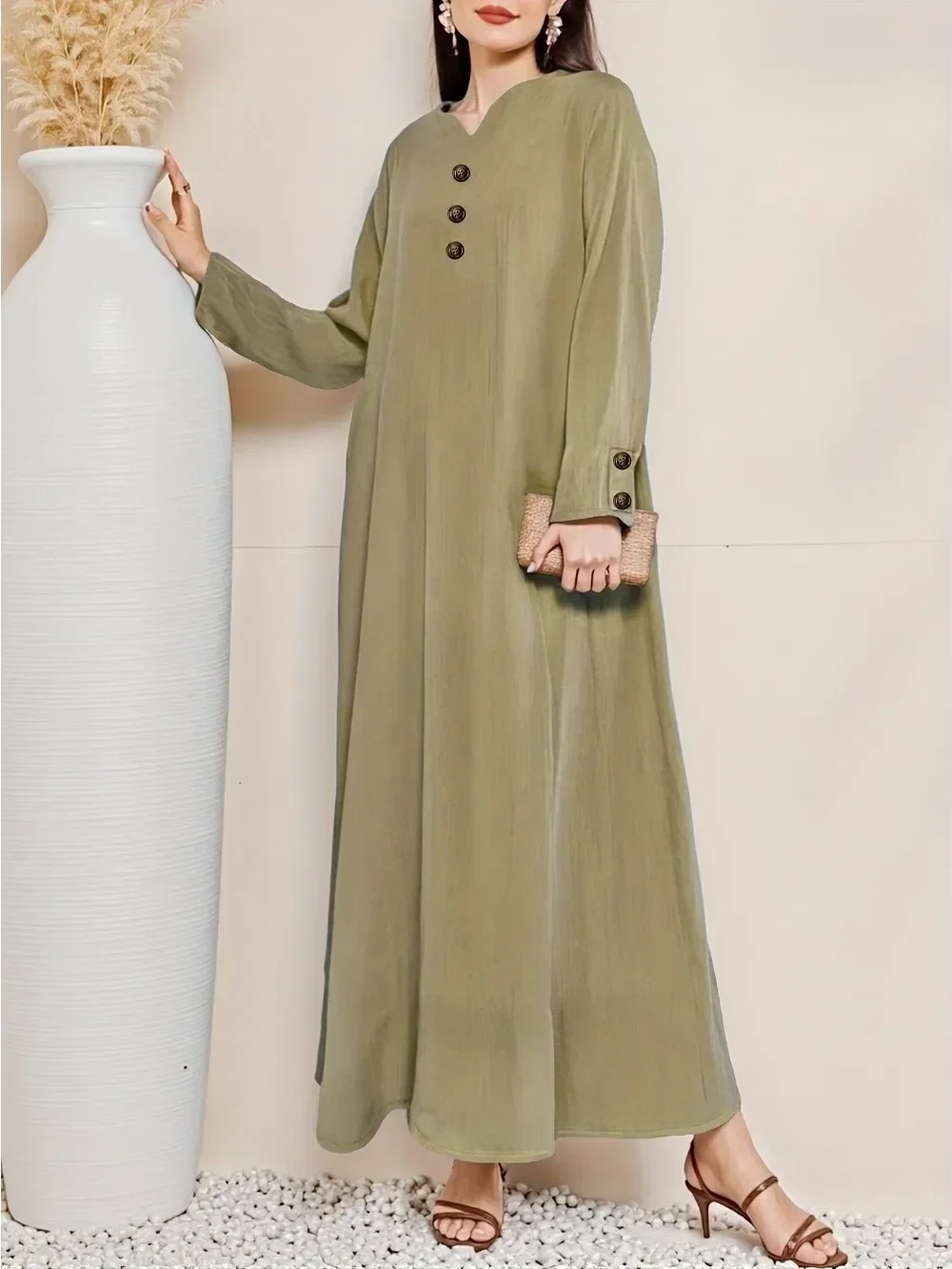 Eid Abito da donna Bottone autunnale Abaya Dubai Abiti musulmani Largos Abiti lunghi modesti Abito arabo Party Caftano Jalabiya Ramadan