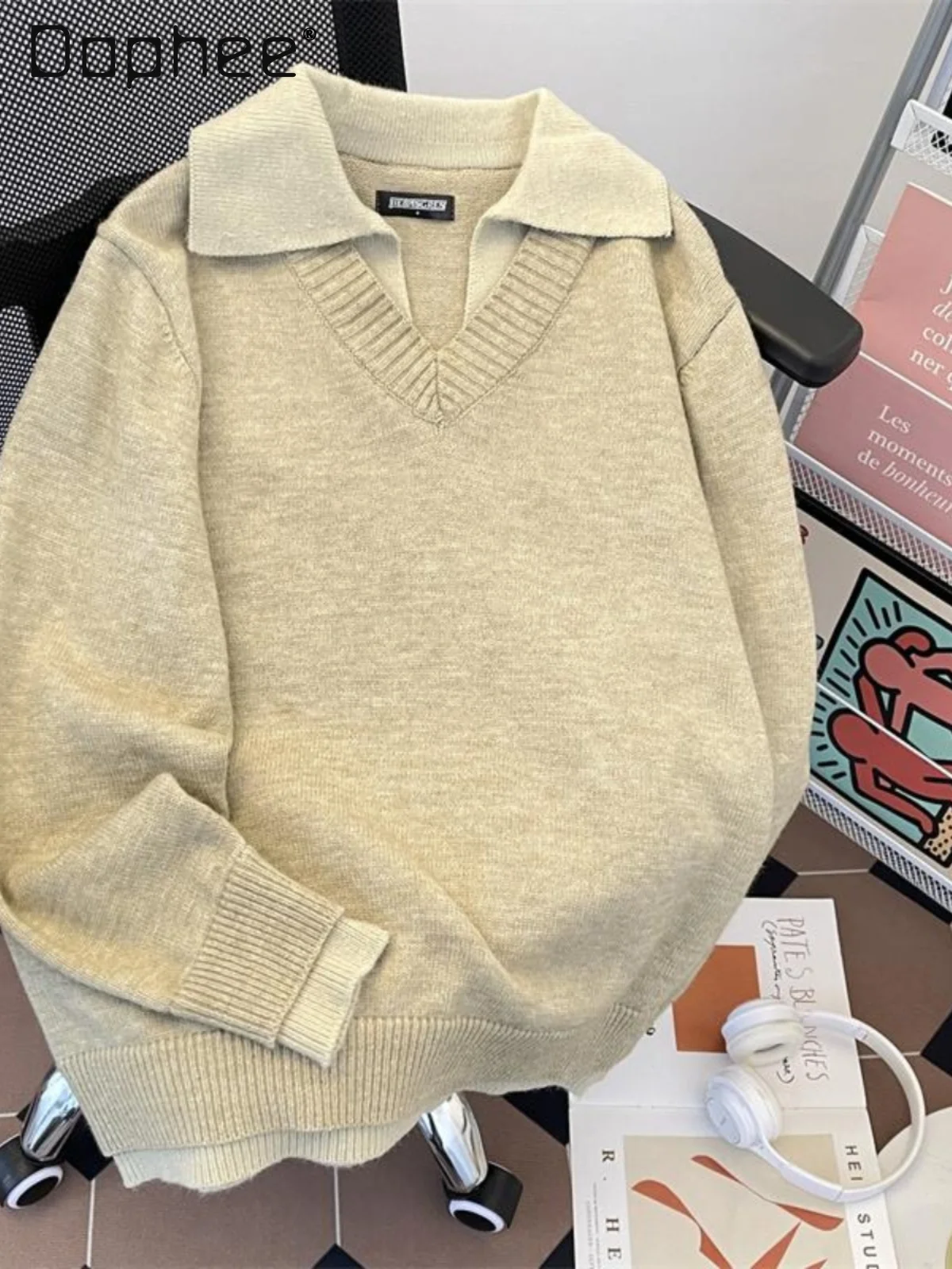 

Осень-зима 2022, новый американский ретро мужской серый абрикосовый искусственный двухсекционный повседневный вязаный свитер с v-образным вырезом и отложным воротником с длинными рукавами