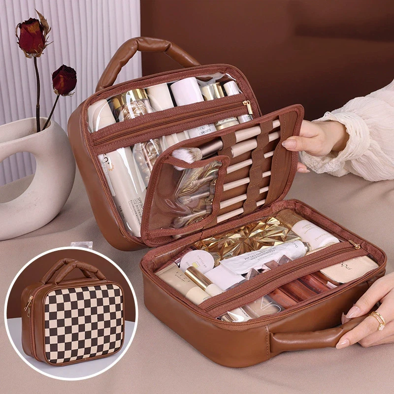Large Capacity Portable Women's PU Grid Melody Cosmetic Storage Box Travel Makeup Bag High-end Feel Multi-compartment Wash Bag