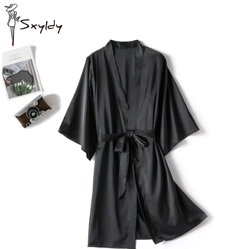 Women\'s Solid Robe Gown Satin Sexy V-Neck Sleep Dress Kimono Pajamas Night-Robe Spring Summer Nightgown Female Lounge Home Dress