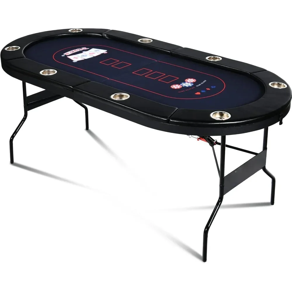 Circular Foldable Poker Table, 8-person Casino Casual Card Game Table, with Stainless Steel Cup Holder and Padded Track