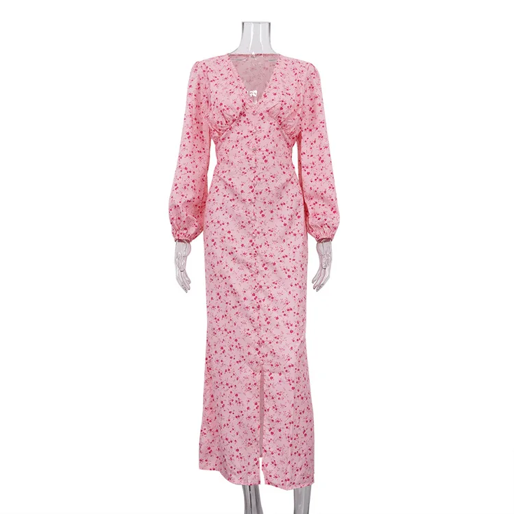 2026 primavera elegante Rosa Prin vestidos mujer moda cuello pico manga larga vestido de una sola botonadura otoño vestido recto hasta el tobillo