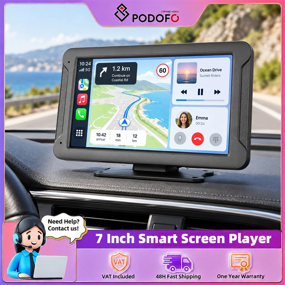 Podofo, cruscotto digitale da 7 pollici, sistema di infotainment portatile con Carplay wireless e Android Auto, schermo IPS HD impermeabile IP68, sistemi di guida intelligenti, autoradio stereo.