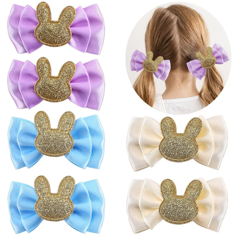 

2Pcs Cartoon Glitter Rabbit Hairpins Girls Valentine's Day Ribbon Hair Bow With Clips Barrettes Headware Kids Hair Accessories