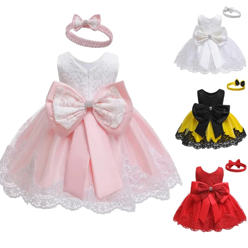 New summer Baby Dress Lace Big bow Pink Baptism Dresses for Girls 1st year birthday party wedding baby clothing 3-10 Years