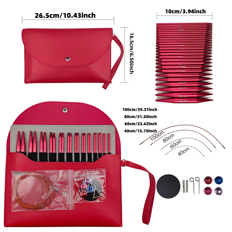 

A Set of 39 Knitting Tools, Aluminum Oxide Glossy Red, Removable and Replaceable Head Ring Sweater Needles, Multi-Functional Dis