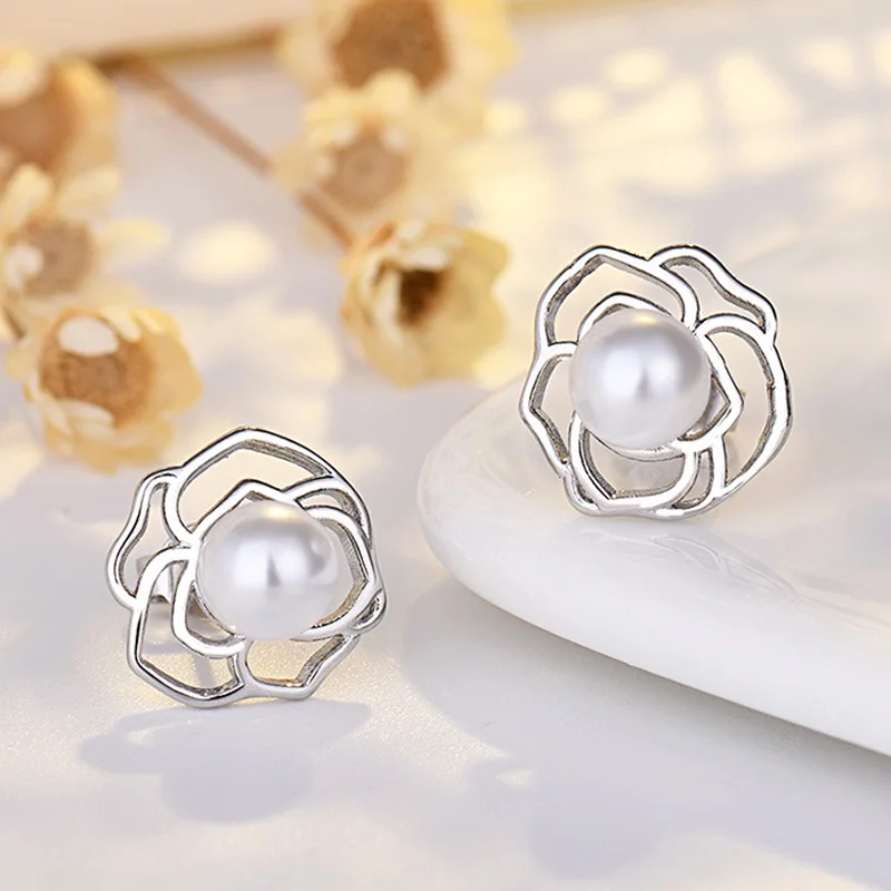 6mm White Pearl Stud Earrings for Girl 925 Silver Needle Earring Rose Flower Pearl for Women Earring Jewelry Wholesale