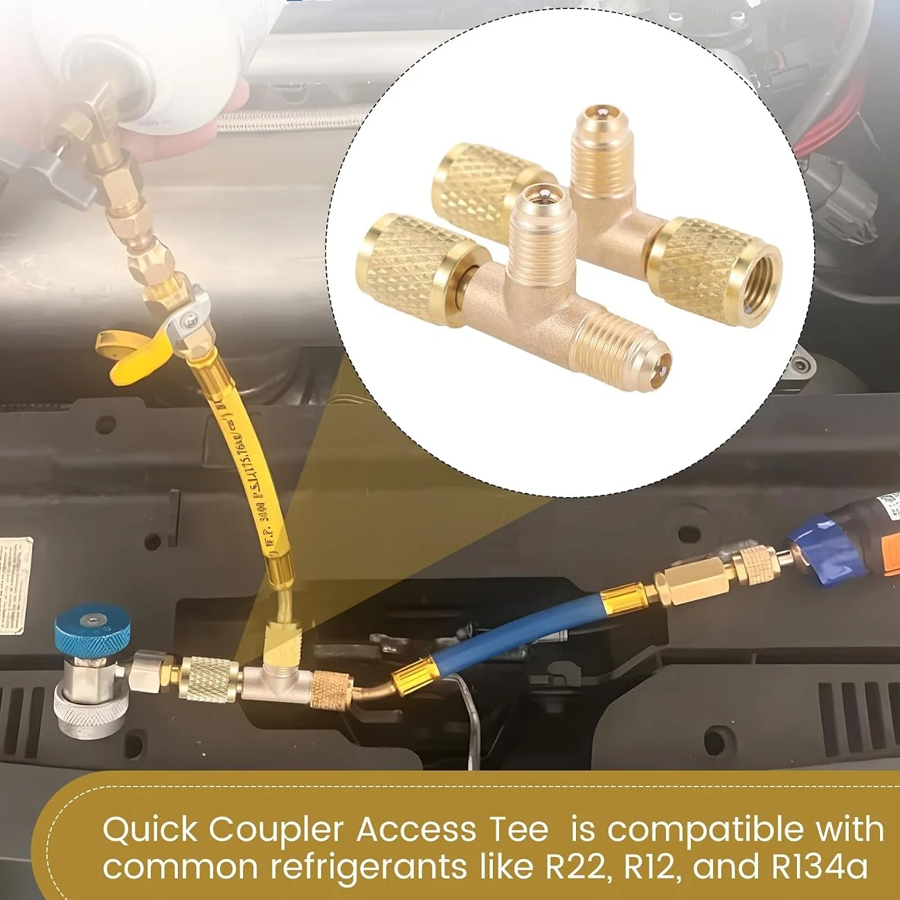 2PCS Brass 1/4'' SAE Valves Core Tee Adapter Quick Coupler Refrigerant Line Swivel Connector for Gauge Deep Vacuum Pump Manifold