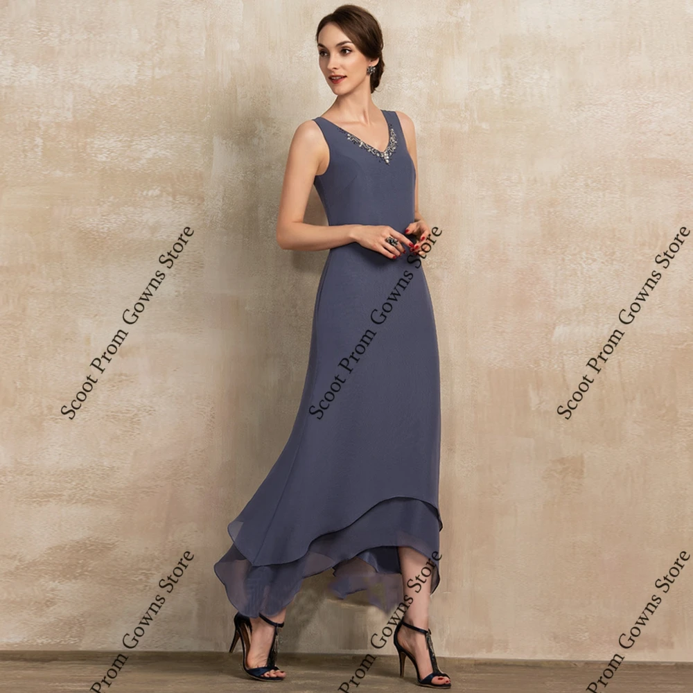 Grey Scoop Mother of Bride Dresses Short Sleeve Wedding Party Dresses for Women 2025 Summer New Chiffon Beach Robe De Soirée