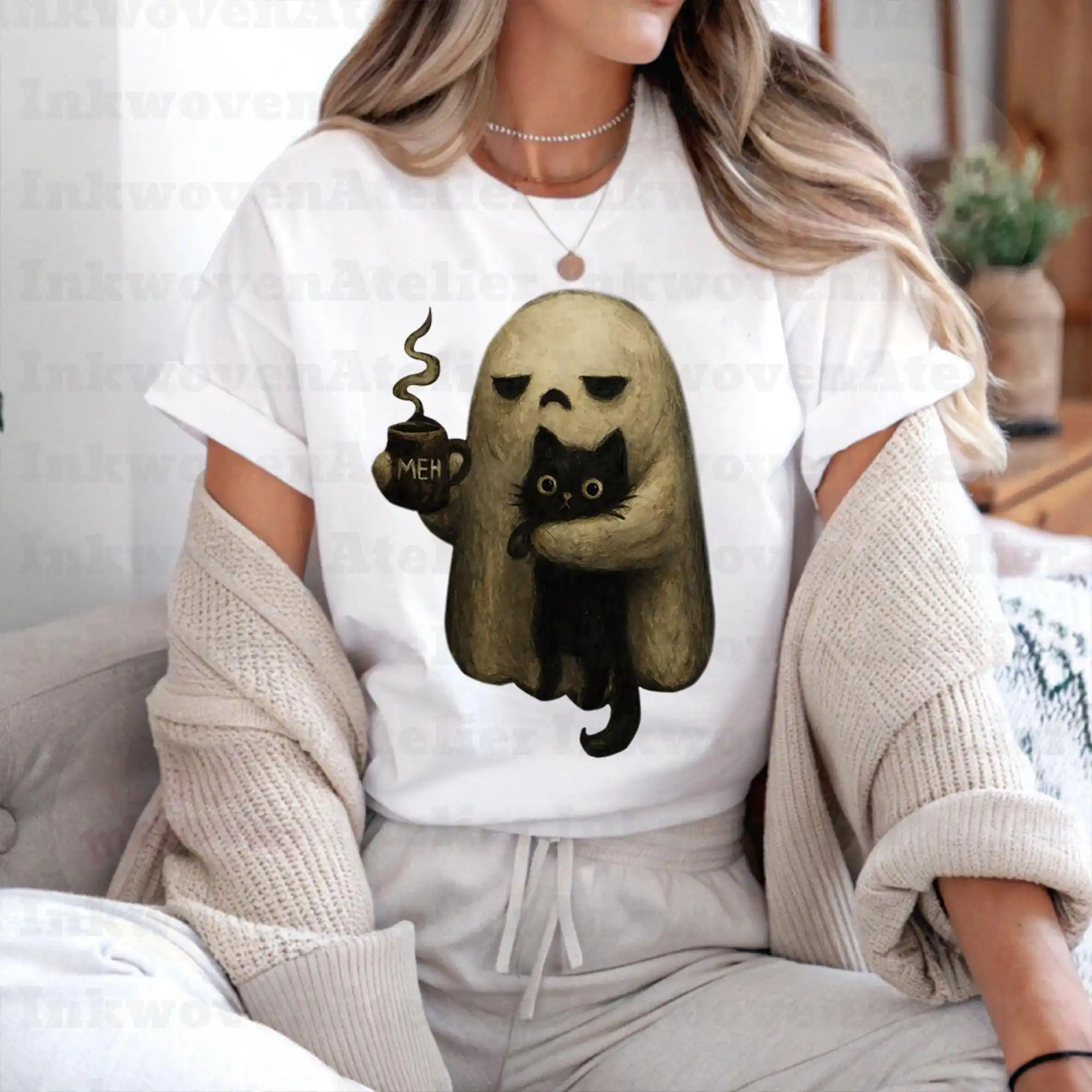 Ghost Cat Shirt, Spooky Black Cat Graphic Tee, Funny Introvert Halloween Coffee Lover Gift, Spooky Season Cat Tee, Ghost T-shirt