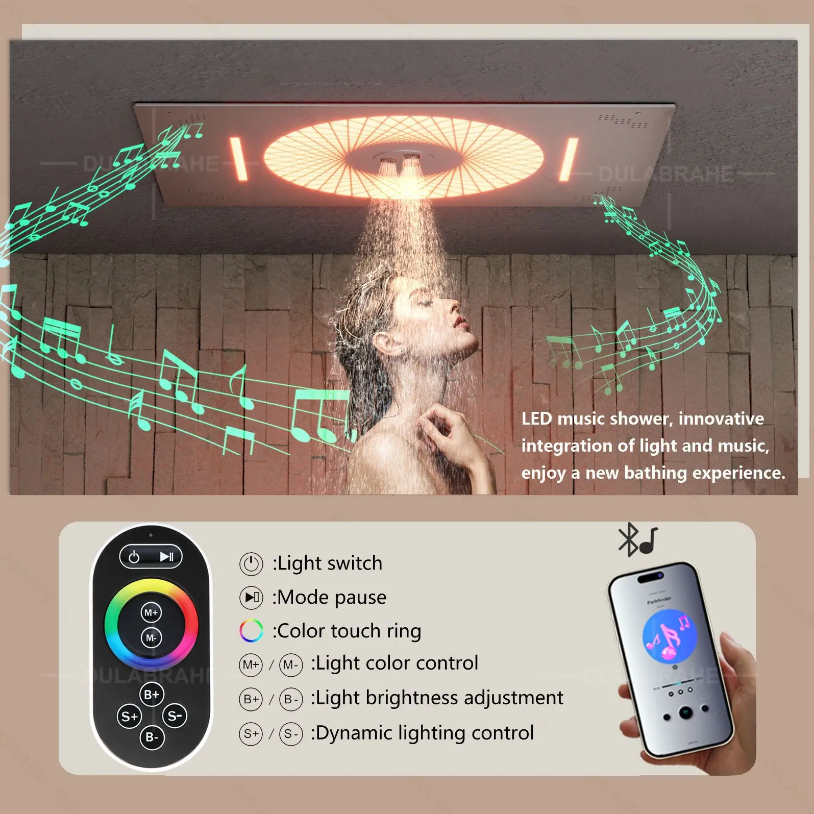 Ceiling embedded 600x400mm LED music top nozzle Hotel villa constant temperature