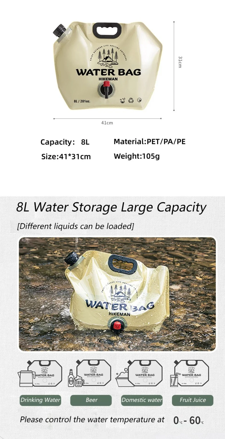 Outdoor Large Capacity Water Bag 8L Portable Foldable Water Storage Bag Camping Car Food Grade Soft Water Storage Bag image 6