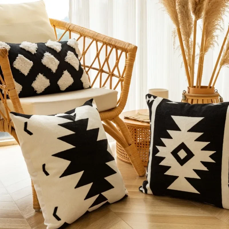 2024 Black White Beige Tufted Embroidered Cushion Cover Geometric Embroidered Pillowcase Cover Home Sofa Decoration Pillow Cases