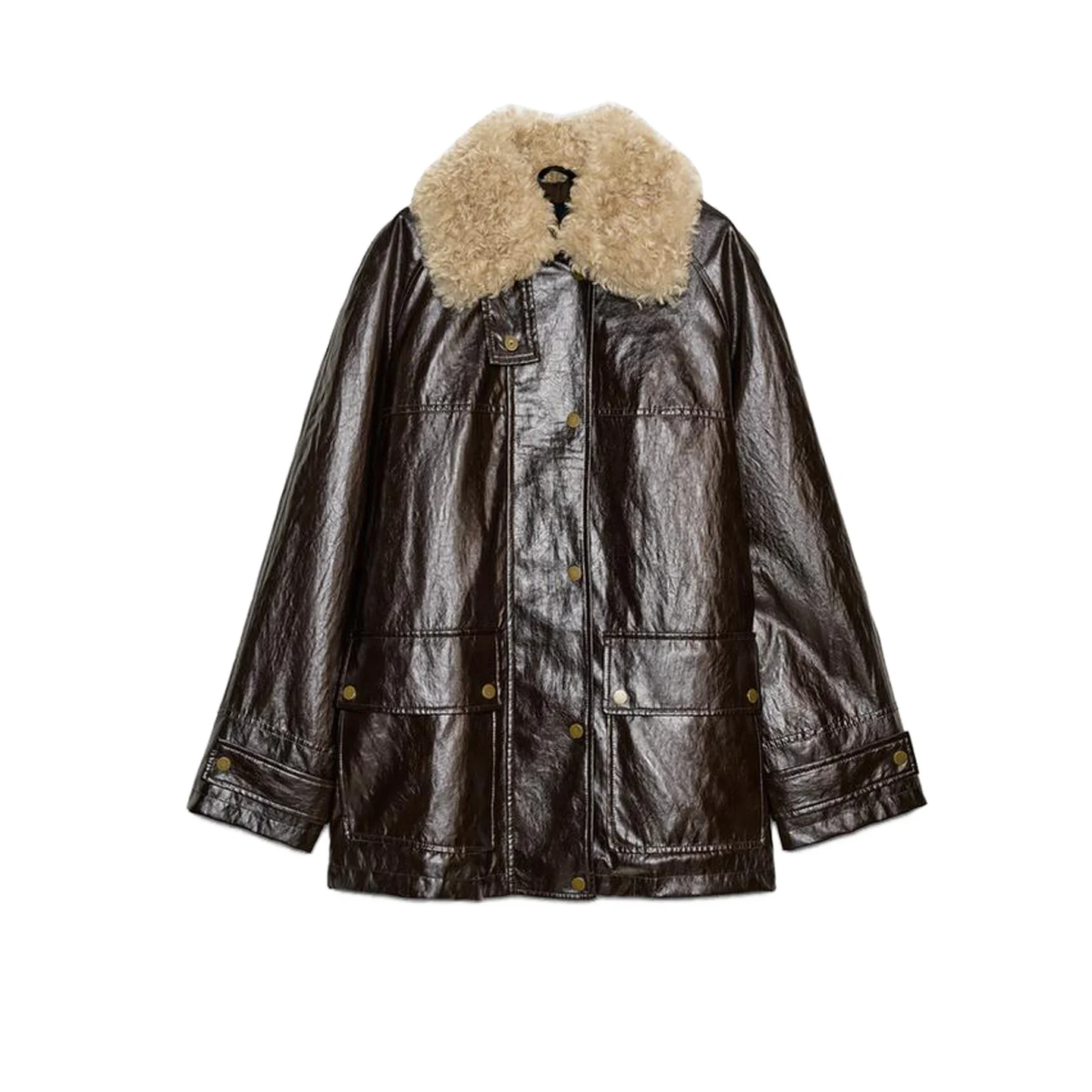 Nuevo abrigo largo de invierno con cuello Sve para mujer con efecto de piel Artificial desmontable Neline informal holgado de cuero de poliéster