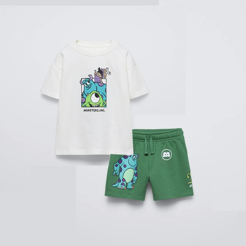 Cute Monster Print Tees Green Shorts Baby Summer New Clothing Trendy Simple T-shirt All-match Shorts Child Cotton Thin Outfits