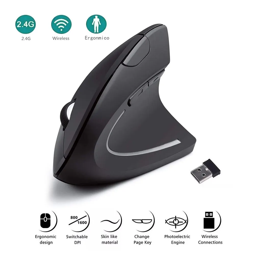 Mouse vertikal ergonomis 2.4GHz, Mouse optik nirkabel 3 DPI 800/1200/1600 dapat disesuaikan, 6 tombol untuk Laptop PC komputer Desktop