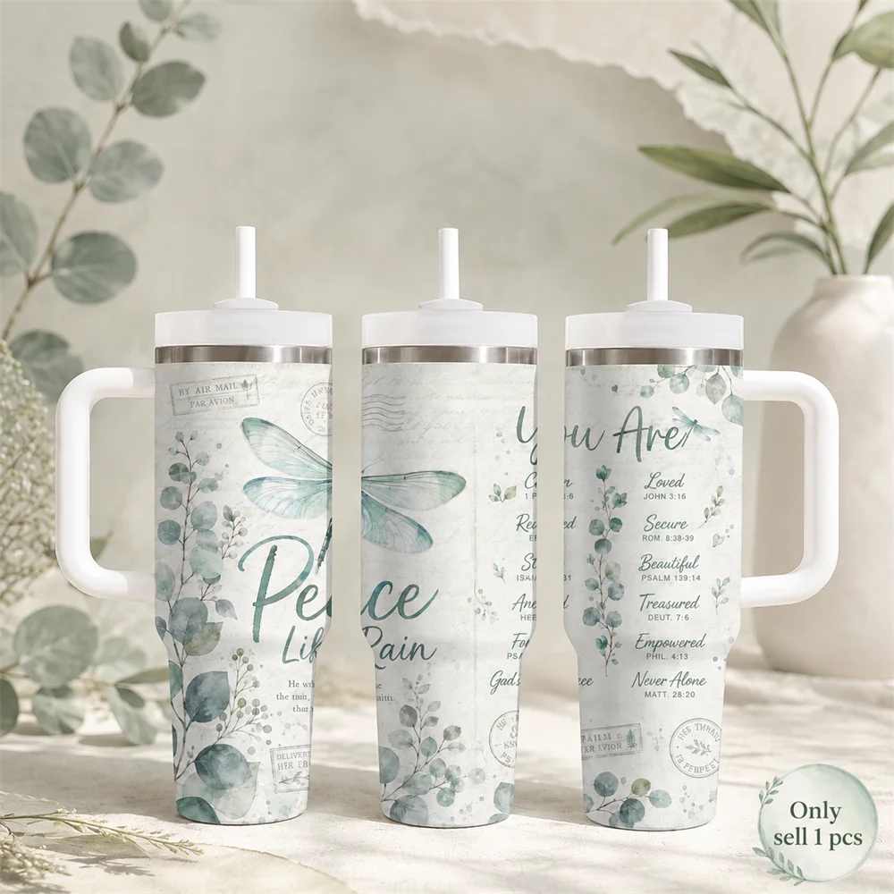 Blessed Butterfly Vacuum Flasks 40oz Portable Stainless Steel Tumbler with Handle Straw Double Wall Insulated Leakproof Mug
