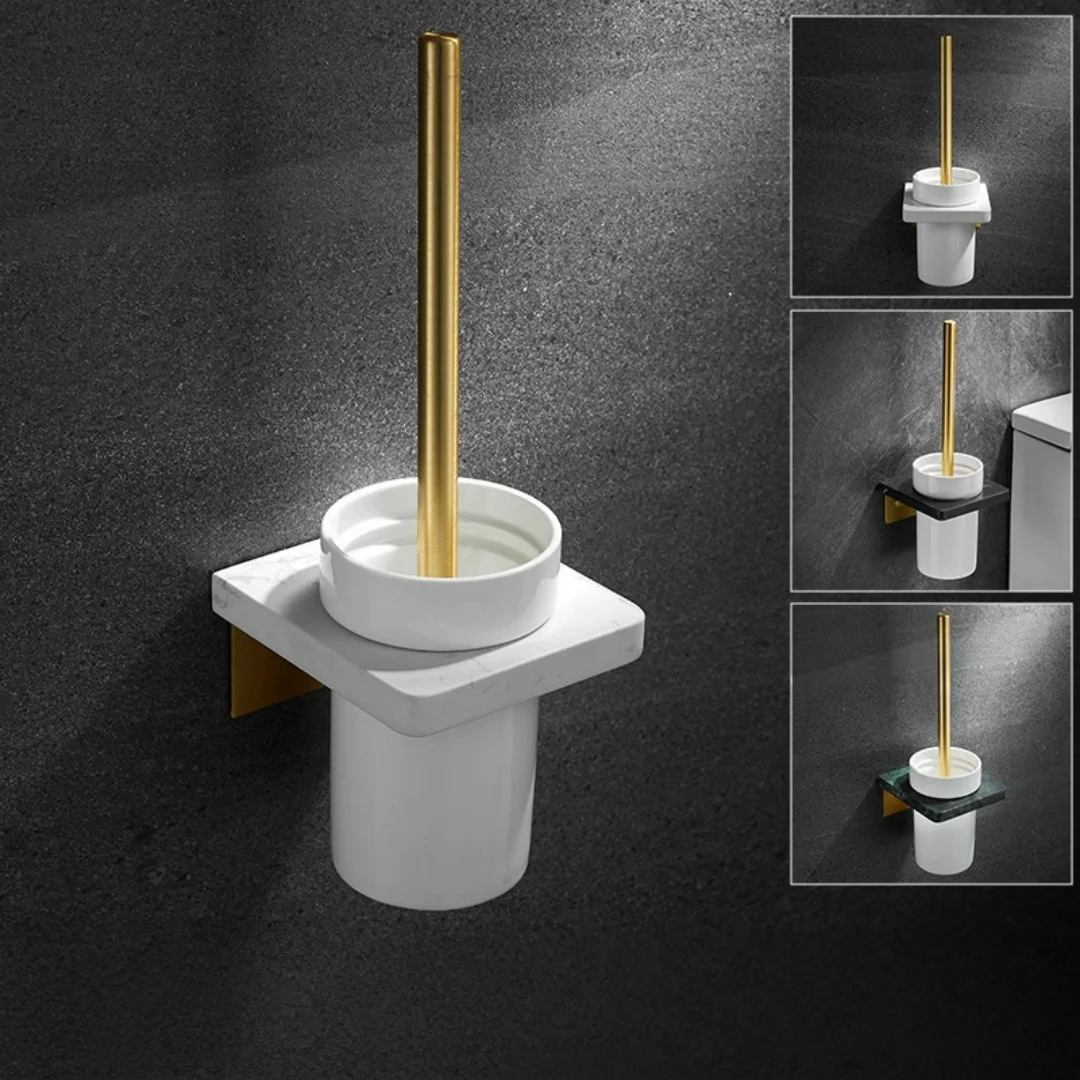 

Tuqiu White Marble Toilet Brush Holder with Brush Wall Mounted Bathroom Toilet Scrub Cleaning Brush Holder Set Brushed Gold