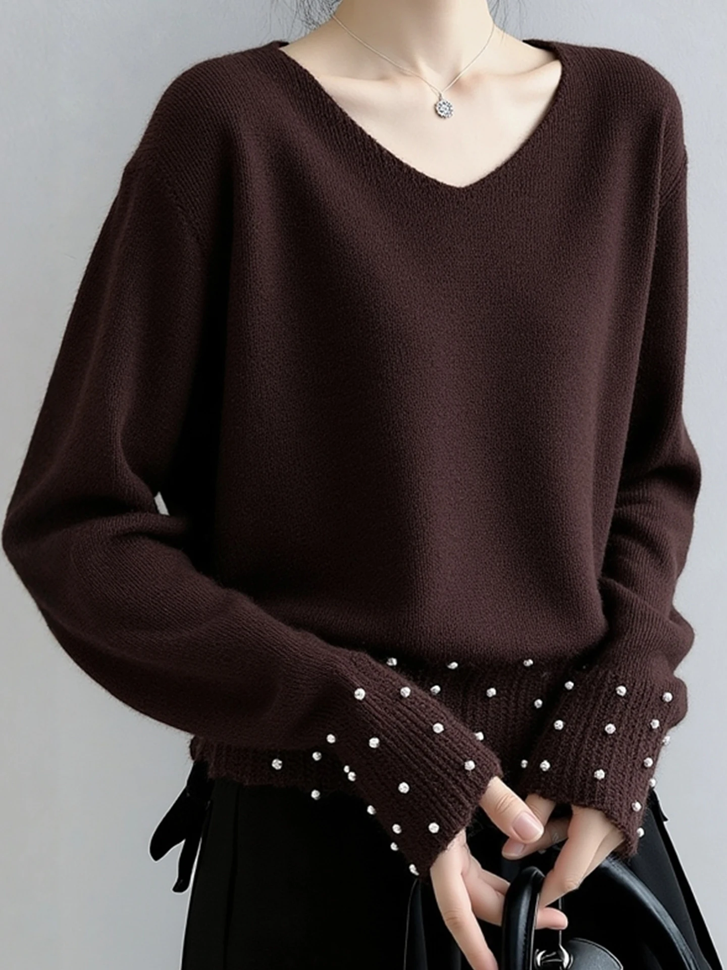 

Свитер Ele Long Sve Camere, модный свободный вязаный женский топ с бисером, корейский цвет с v-образным вырезом