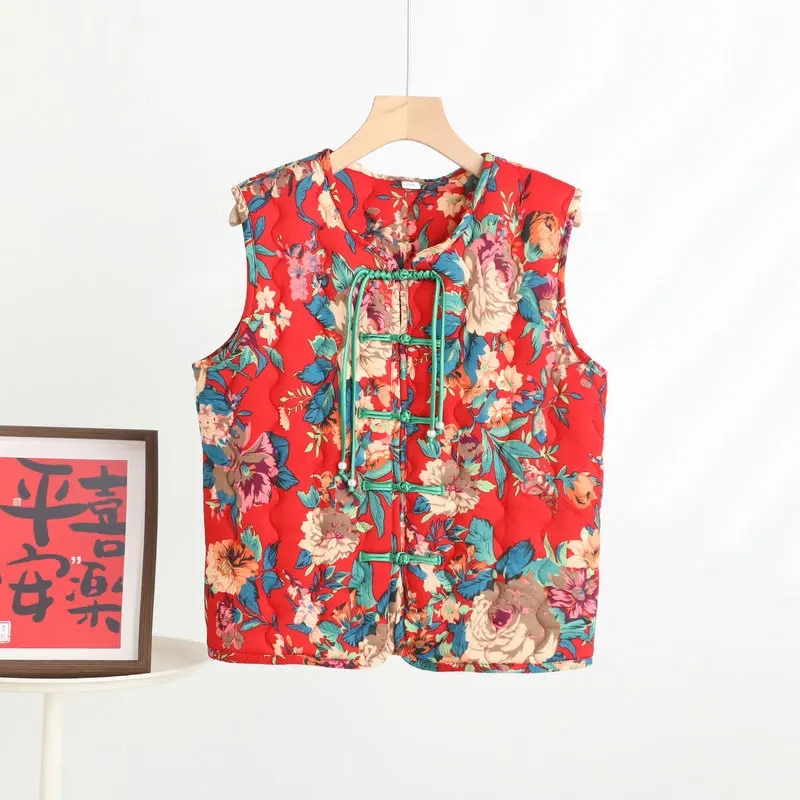 Plus size Chinese Style Northeast Flower Cotton-padded Vest Old-fashioned peony tang Vests Women Winter warm Sleeveless Jackets