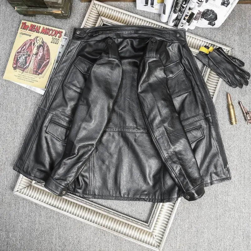 100%Cow Leather Genuine Leather Jacket Men Mid-length Multiple Pockets Real Leather Coats Spring Autumn Winter Luxury Outwear