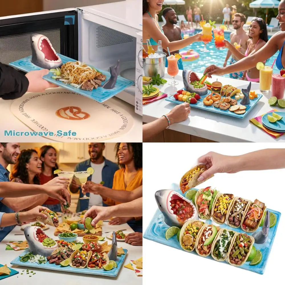 

Handcrafted Ceramic Shark Taco & Sushi Plates with Dipping Bowls, Safe for Microwave, Oven, Dishwasher - Ideal Birthday Gift for