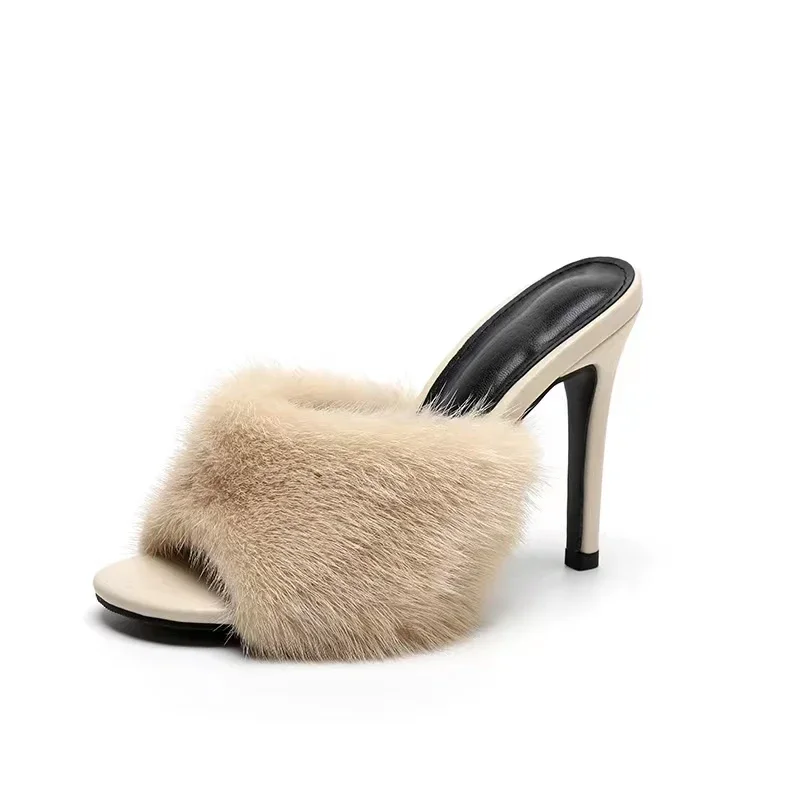2024 New Slim Heels Outward Wearing Open Toe Sandals for Women with Mink Hair Sexy One Half Pillow High Heel Sandals