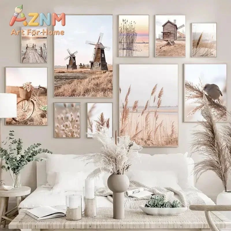Póster de arte mural con motivos de paisaje en tonos beige, imágenes de bicicletas y globos aerostáticos, orquídeas y dientes de león, pintura sobre lienzo, estampados nórdicos, decoración para dormitorios y el hogar.