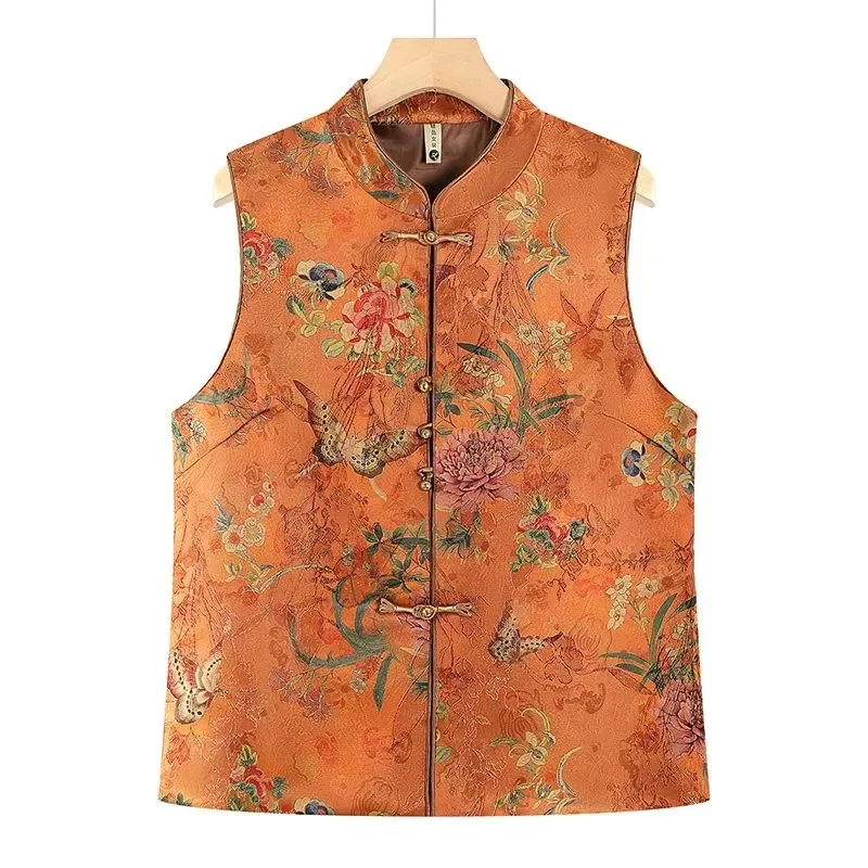 

Women's Chinese Style Floral Print Vest Mandarin Collar Frog Button Satin Loose Fit Traditional Waistcoat for Spring Autumn