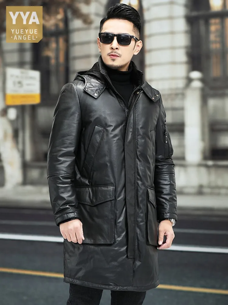 Cowhide Genuine Leather Jacket Mid Long Winter Thick Warm White Duck Down Coat Work Jacket Windproof Hooded Overcoat Plus Size