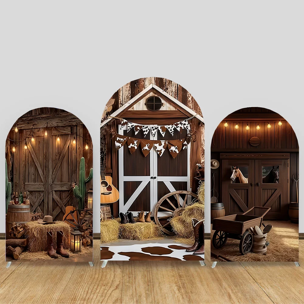 

Western Cowboy Arch Backdrop Cover for Photography Wild West Barn Wooden House Birthday Party Kids Portrait Photo Background