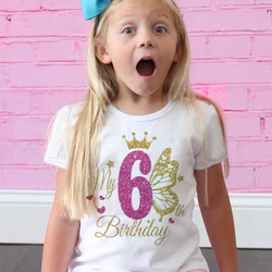 T-shirt d'anniversaire imprimé papillon pour filles, t-shirt sauvage, vêtements de fête, cadeaux pour enfants, mode, 1 à 12 ans