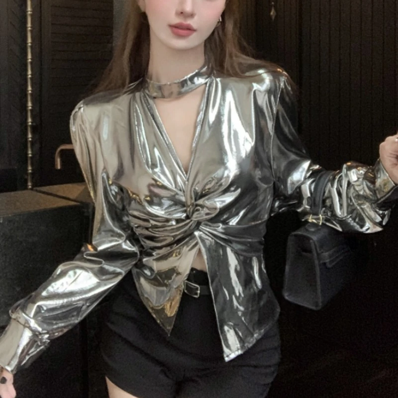 Korean Style Fashion Women V Neck Silver Black Full Sleeve Folds Top Shirt , Woman Cool High Waisted Tops Shirts