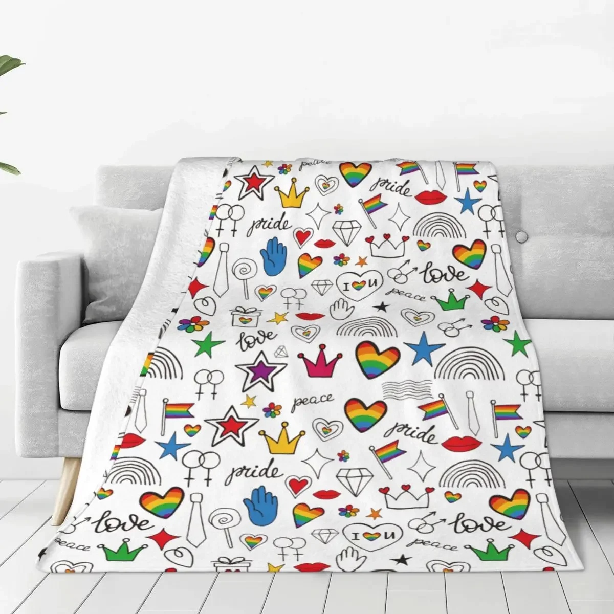 LGBTQ Doodles Pride Love Peace Rainbow Blankets Fleece Winter Gay Parade Slogan LGBT Rights Throw Blanket for Bedding Bedspreads