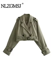 TRAF 2023 Autumn Y2K Women Jacket Short Trench Coat With Belt Raw Edge Long Sleeve Buttons Fitted Female Crop Top