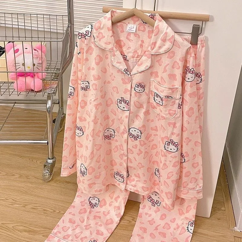 

New Hellokittys Y2k Pajamas Long Sleeve Anime Cartoon Pink Leopard Spring and Autumn Women's Home Dress Set Lovers Birthday Gift