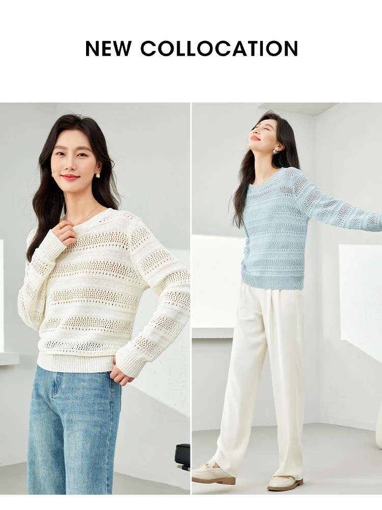 Vimly Light Blue Hollow Out Thin Long Sleeve Knit Top Spring O-neck Knitted Pullovers 2024 New Lazy Style Women\'s Clothing 72798