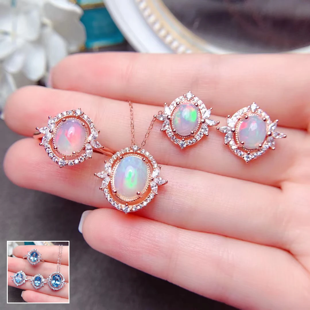 MeiBaPJ Natural Opal/Topaz Gemstone Flower Earrings Ring and Necklace 3 Pcs Suits for Women Real 925 Silver Fine Jewelry