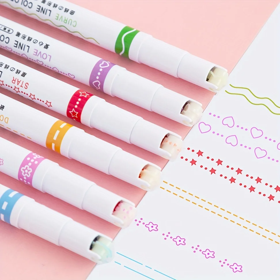 6 stks/set Kawaii Bloem Lijn Vorm Markeerstift Roller Tip Curve Liner Marker Kawaii Koreaanse Briefpapier School Kantoorbenodigdheden
