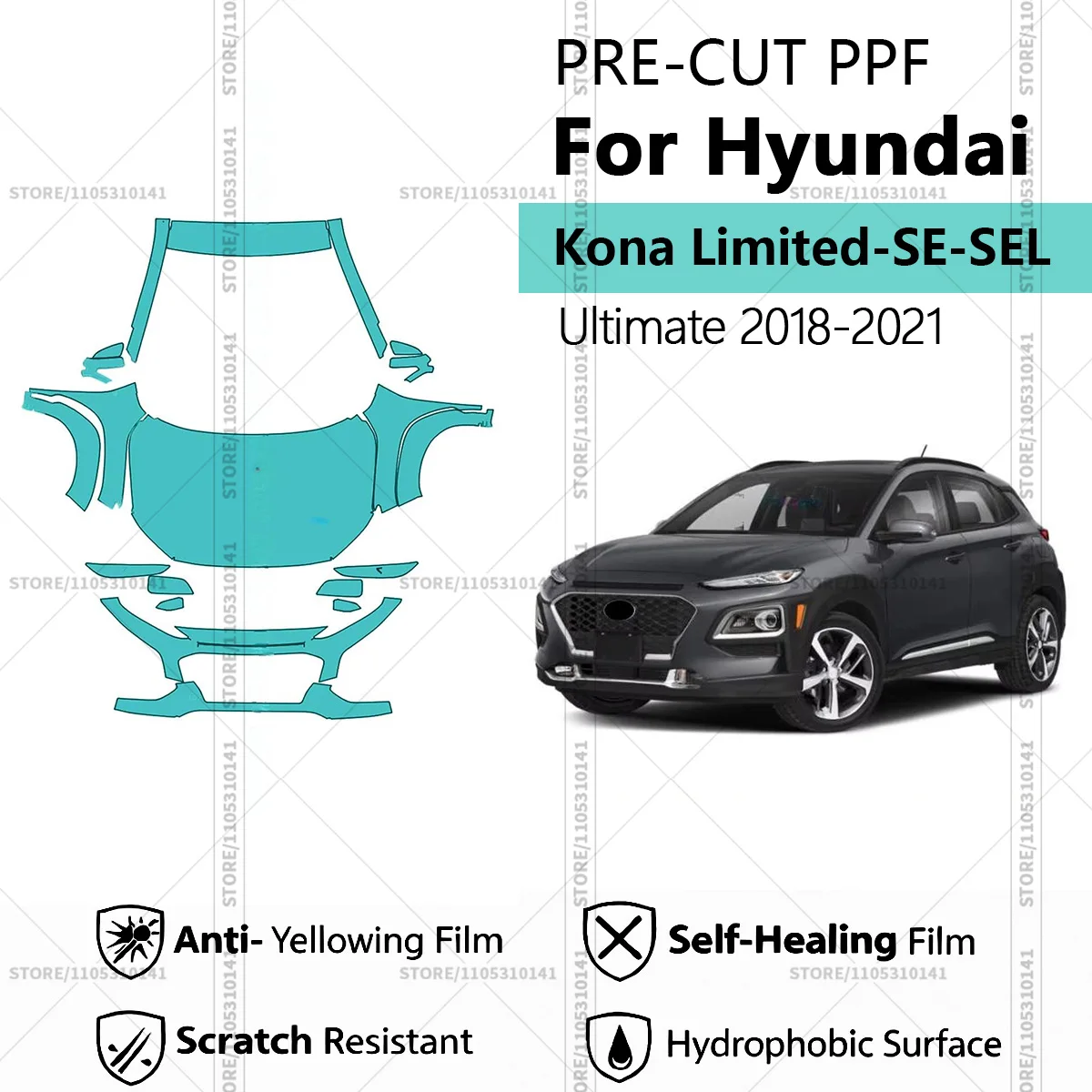 Pre-Cut Paint Protection Film PPF Transparent Car Film Automotive PPF For Hyundai Kona Limited-SE-SEL-Ultimate 2018-2021