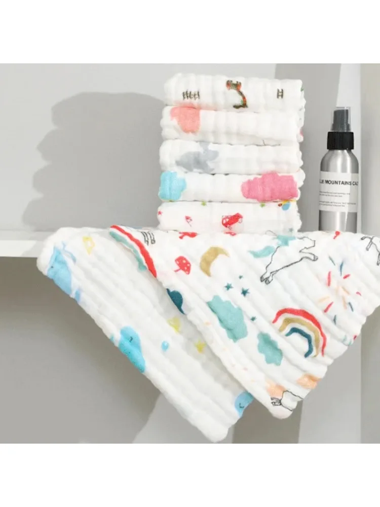 Serviette carrée imprimée lavée en pur coton pour enfants, 5 pièces, six couches, 25cm x 25cm