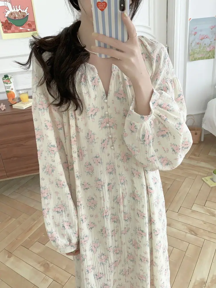 Coreano novo estilo floral camisola estilo princesa com decote em v pijamas longos roupas de casa das mulheres noite sexy sono t®y menina usar vestido