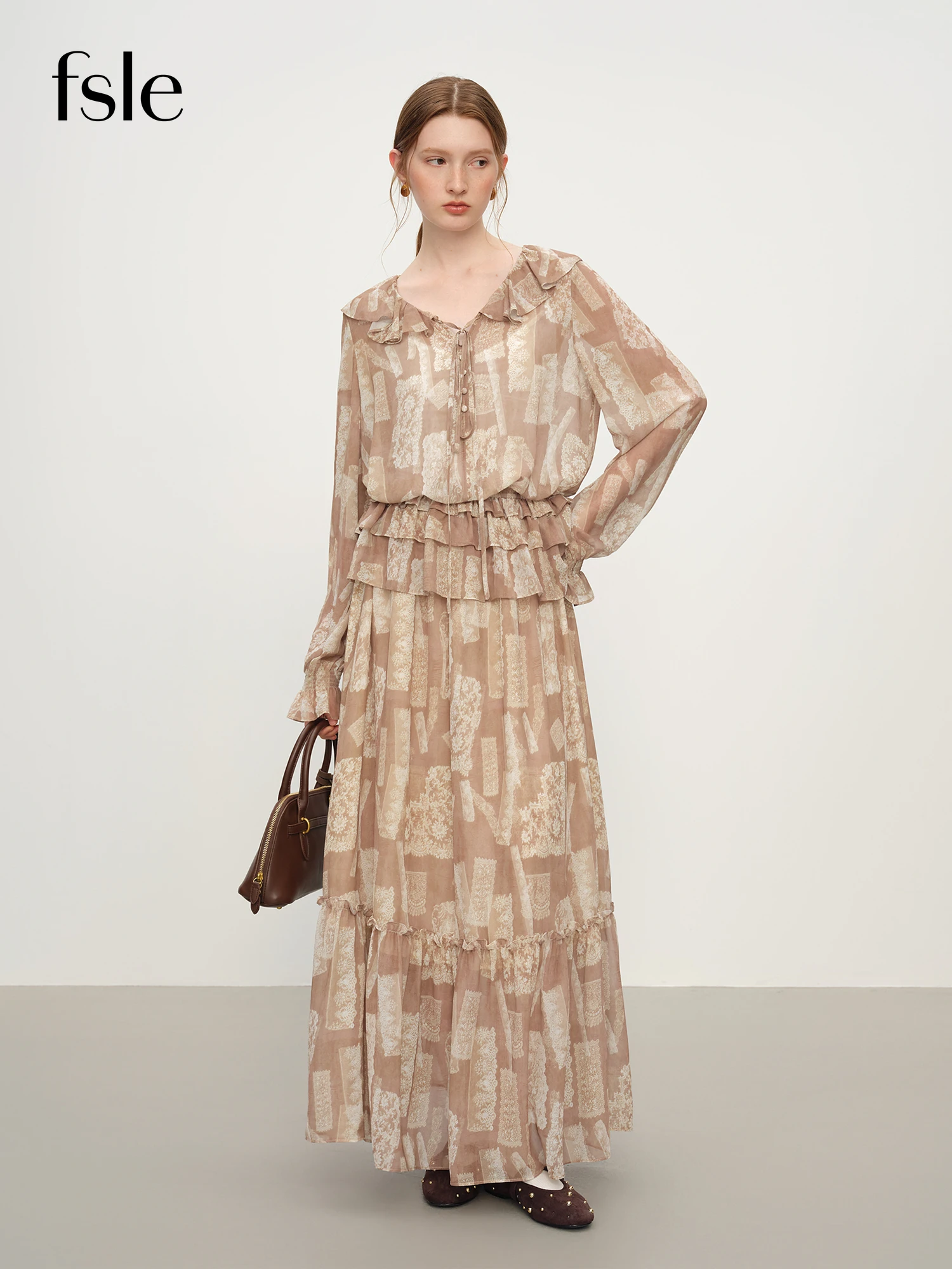 

FSLE Party Dress Set Bohemian Style Elegant Ruffled Printed Long-sleeved Shirt Skirt Set for Women Winter Fairy Sundress