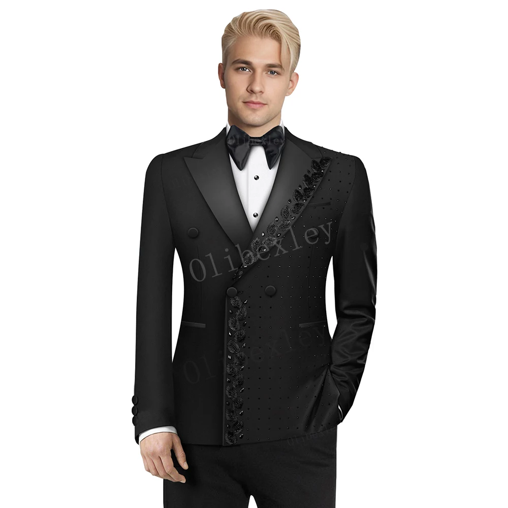 

B33 Luxury 2 Pieces Black Blazer Pants Groom Tuxedo with Double Breasted Blazer Pants Formal Party Men's Suit